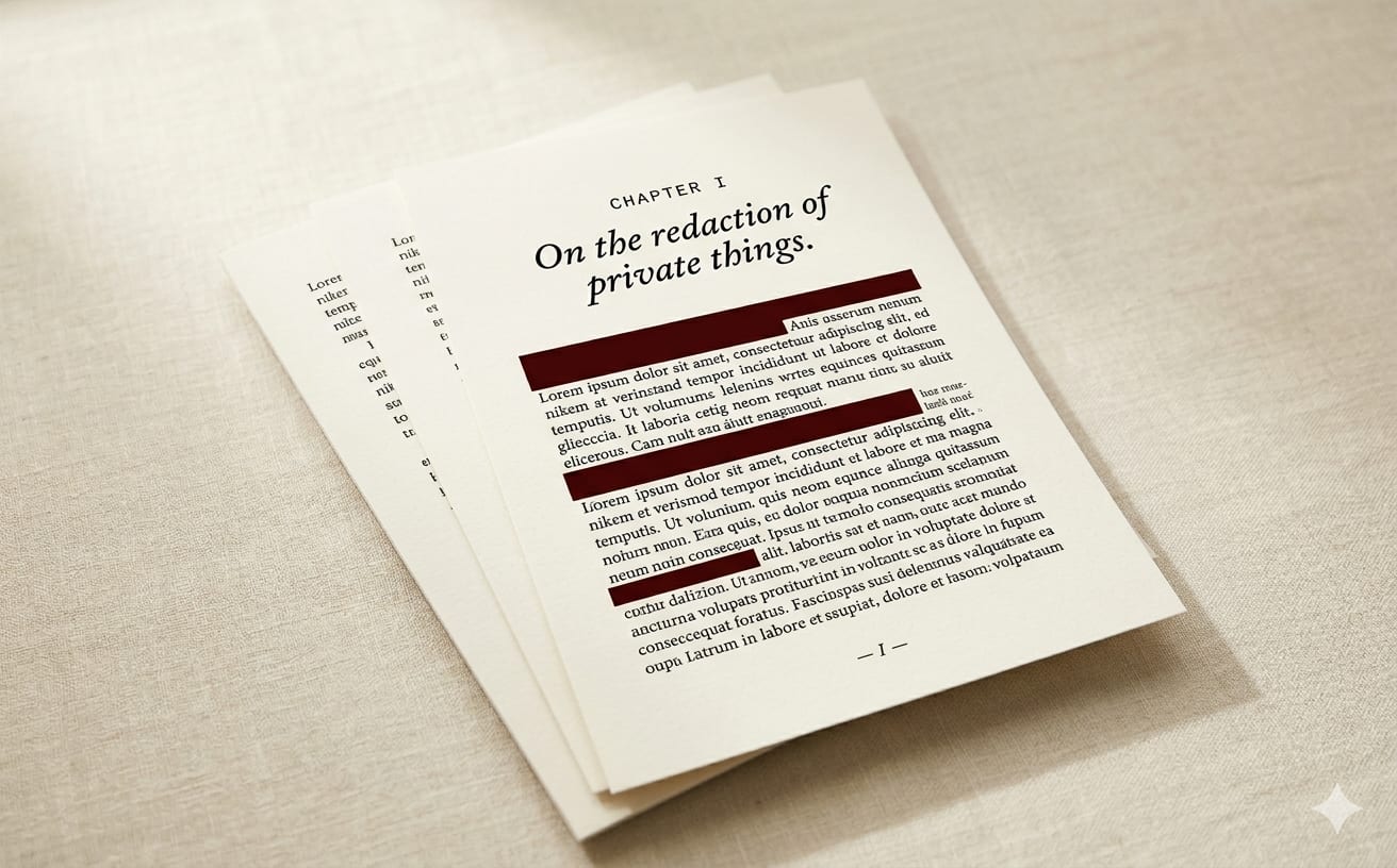 A stack of three cream-white papers, the top sheet bearing a chapter heading, an italic serif title 'On the redaction of private things.', and three opaque oxblood redaction bars covering portions of the printed body text.